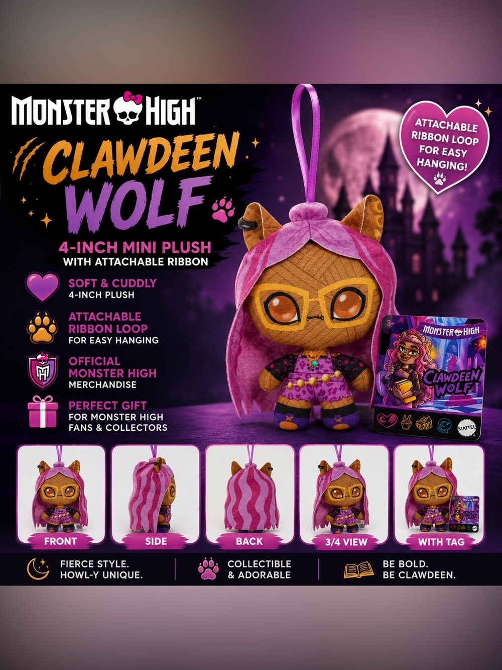 Monster High Clawdeen Wolf Mini Plush – Purple & Pink Hooded Plush